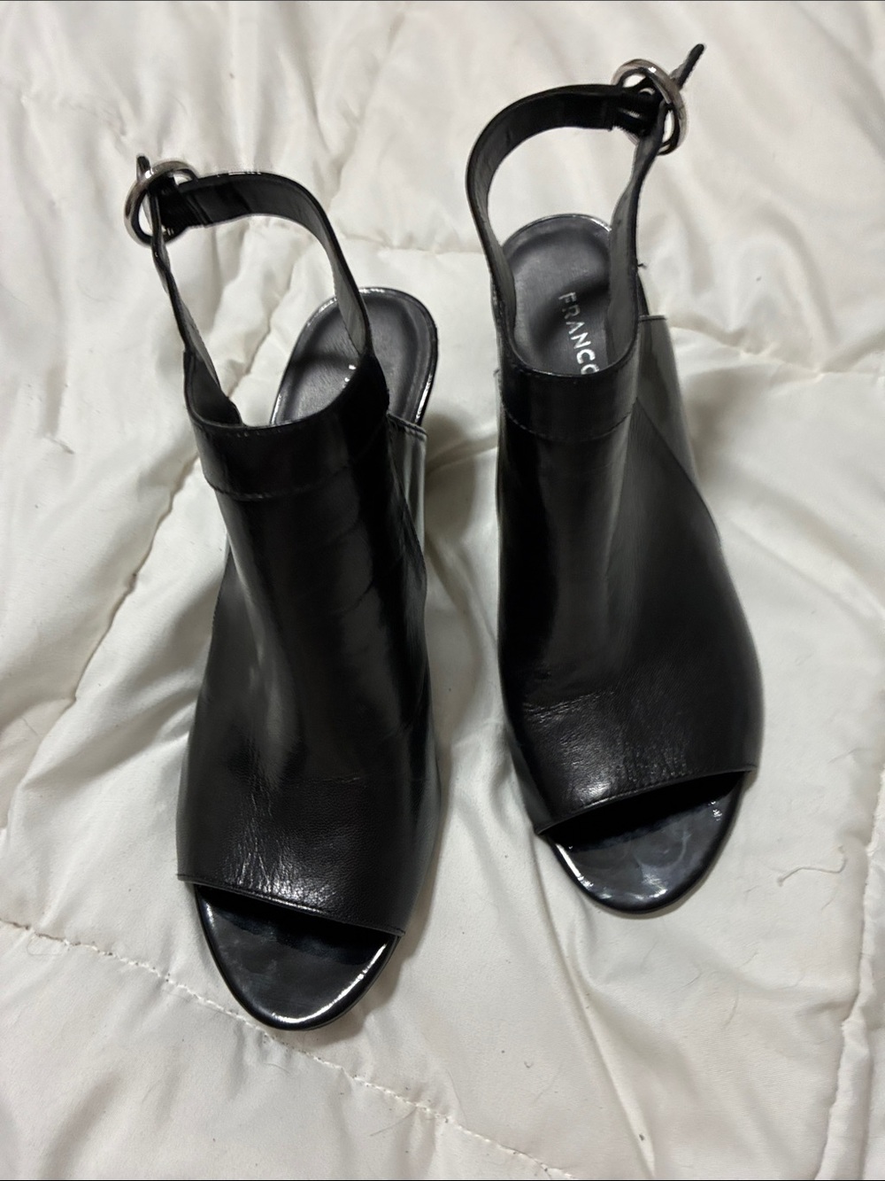 Franco Sarto Black Leather Open-Toe Slingback Heels